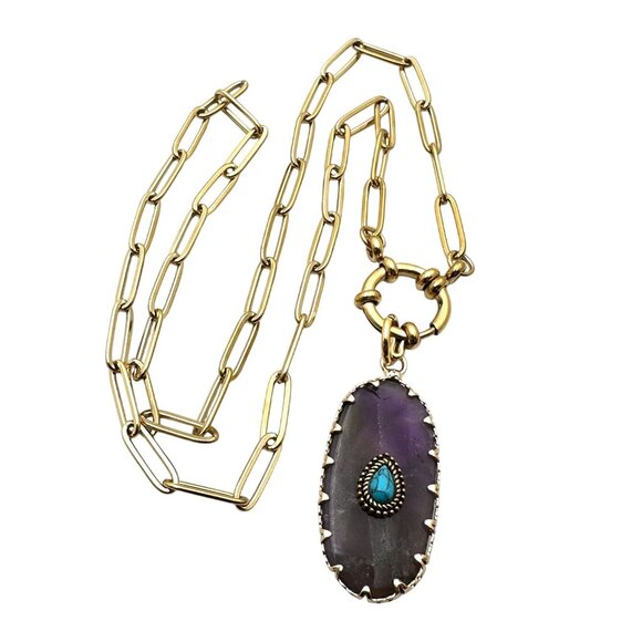 Amethyst Turquoise Gemstone Pendant Necklace 18K Gold Plated Chain 17 Inch - Picture 2 of 9